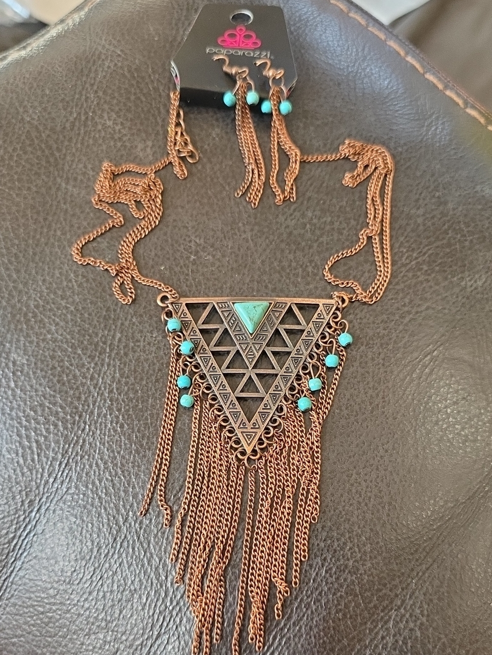 paparazzi Copper Triangular Fringe Necklace with Turquoise Accents